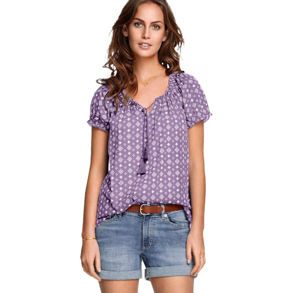 image:imageellos Plus Size ALine Scoop Neck Ruffle Trim 100 Cotton Cambric Peasant BlouseViolet Haze White Print