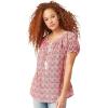 ellos Plus Size A-Line Scoop Neck Ruffle Trim 100% Cotton Cambric Peasant Blouse(Apple Red Medallion)