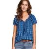 ellos Plus Size A-Line Scoop Neck Ruffle Trim 100% Cotton Cambric Peasant Blouse(Dark Sapphire White Print)