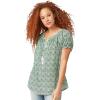 ellos Plus Size A-Line Scoop Neck Ruffle Trim 100% Cotton Cambric Peasant Blouse(Tropical Green Medallion)