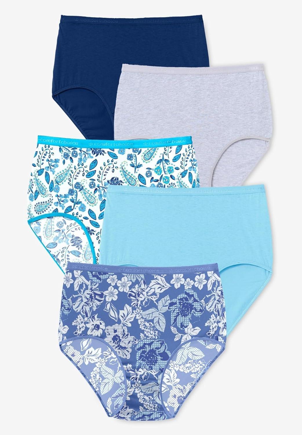 image:imageComfort Choice Plus Size 5Pack TagFree Full Coverage Cotton BriefBlue Floral Pack