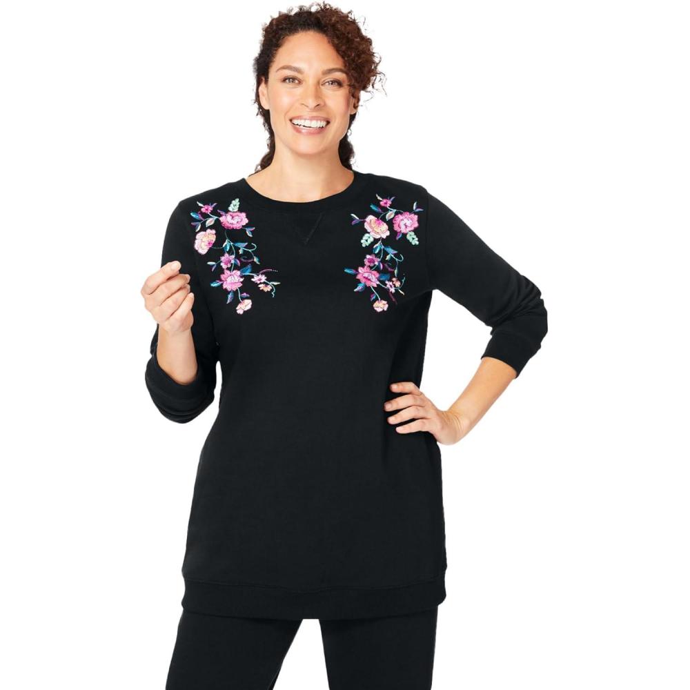 image:imageWoman Within Crewneck Fleece SweatshirtBlack Floral Vine Embroidery