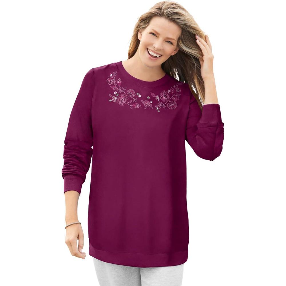 image:imageWoman Within Crewneck Fleece SweatshirtDeep Claret Floral Embroidery