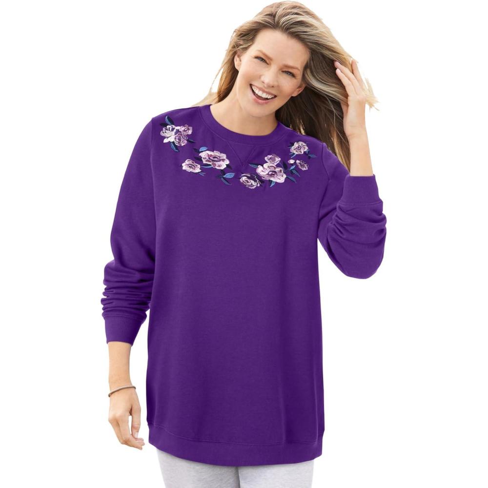 image:imageWoman Within Crewneck Fleece SweatshirtRadiant Purple Floral Embroidery