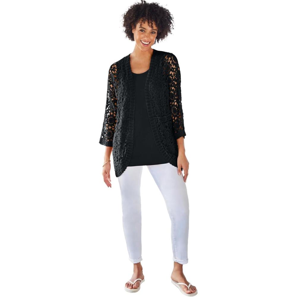 image:imageWoman Within Plus Size Crochet CurvedHem Cardigan SweaterBlack