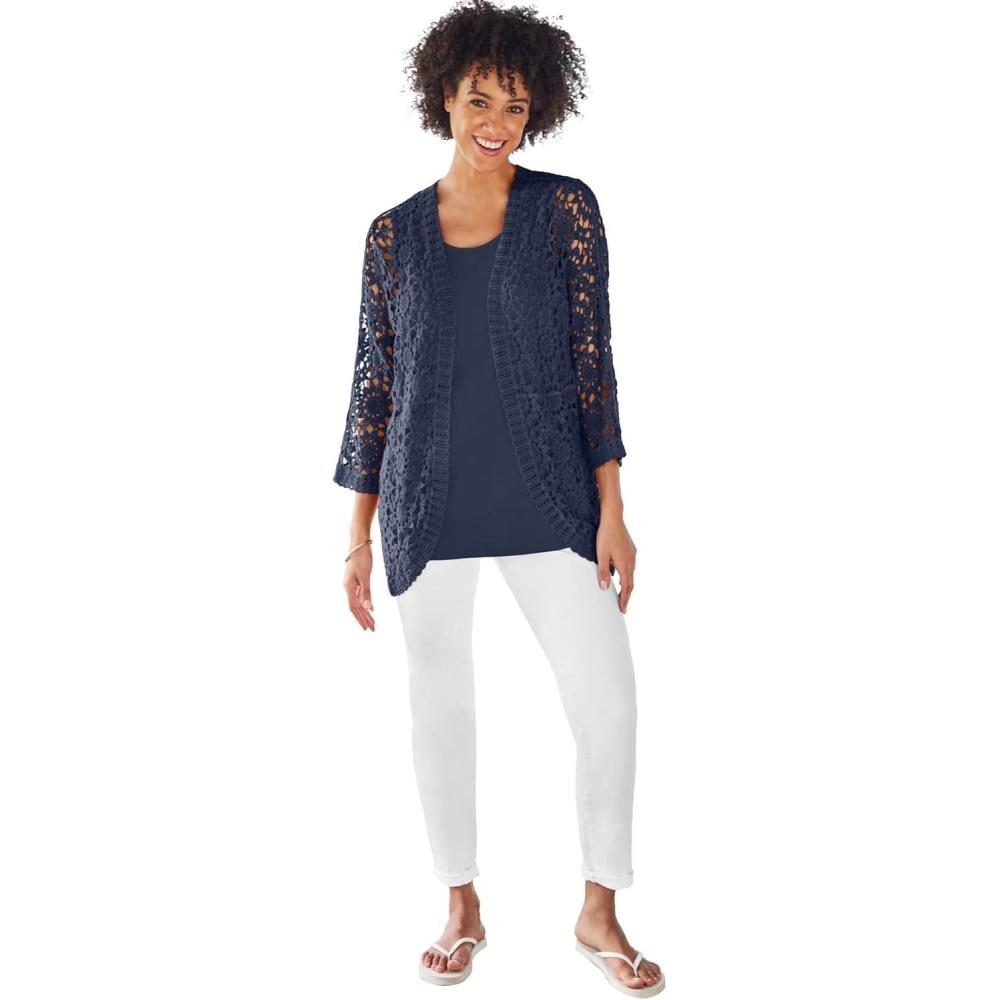 image:imageWoman Within Plus Size Crochet CurvedHem Cardigan SweaterNavy