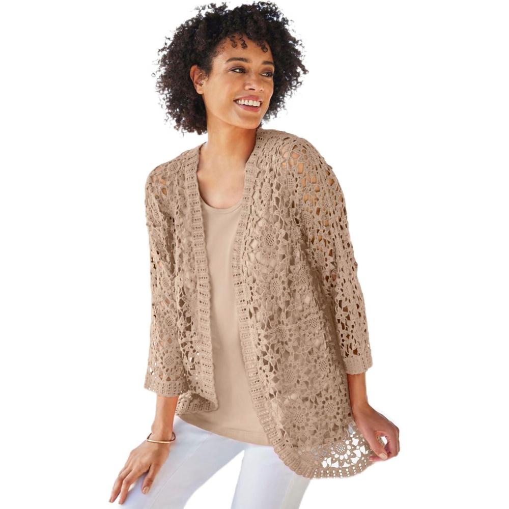 image:imageWoman Within Plus Size Crochet CurvedHem Cardigan SweaterNew Khaki