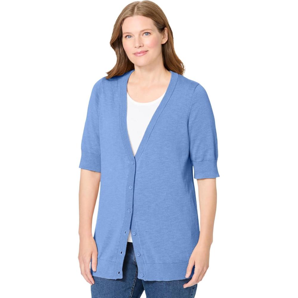 image:imageWoman Within Plus Size Lightweight Short Sleeve VNeck Cardigan SweaterFrench Blue