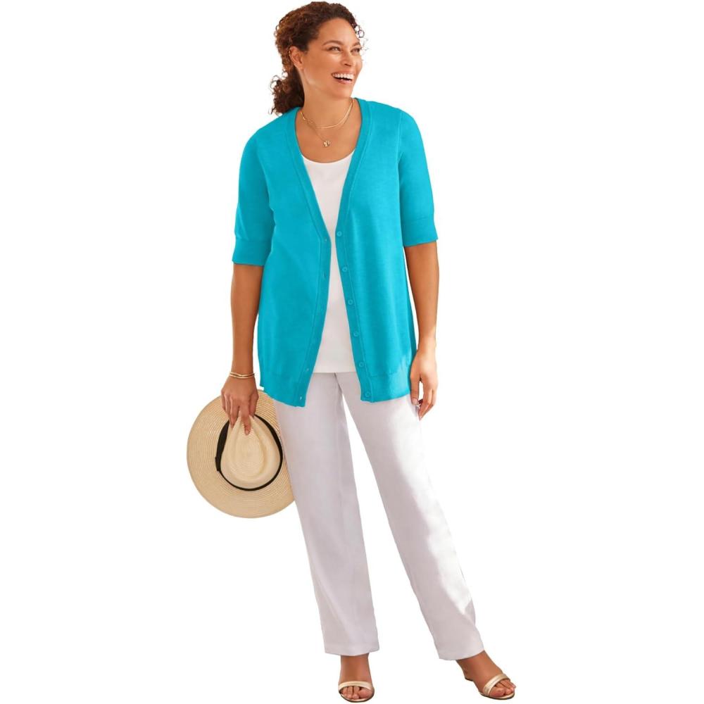 image:imageWoman Within Plus Size Lightweight Short Sleeve VNeck Cardigan SweaterPretty Turquoise