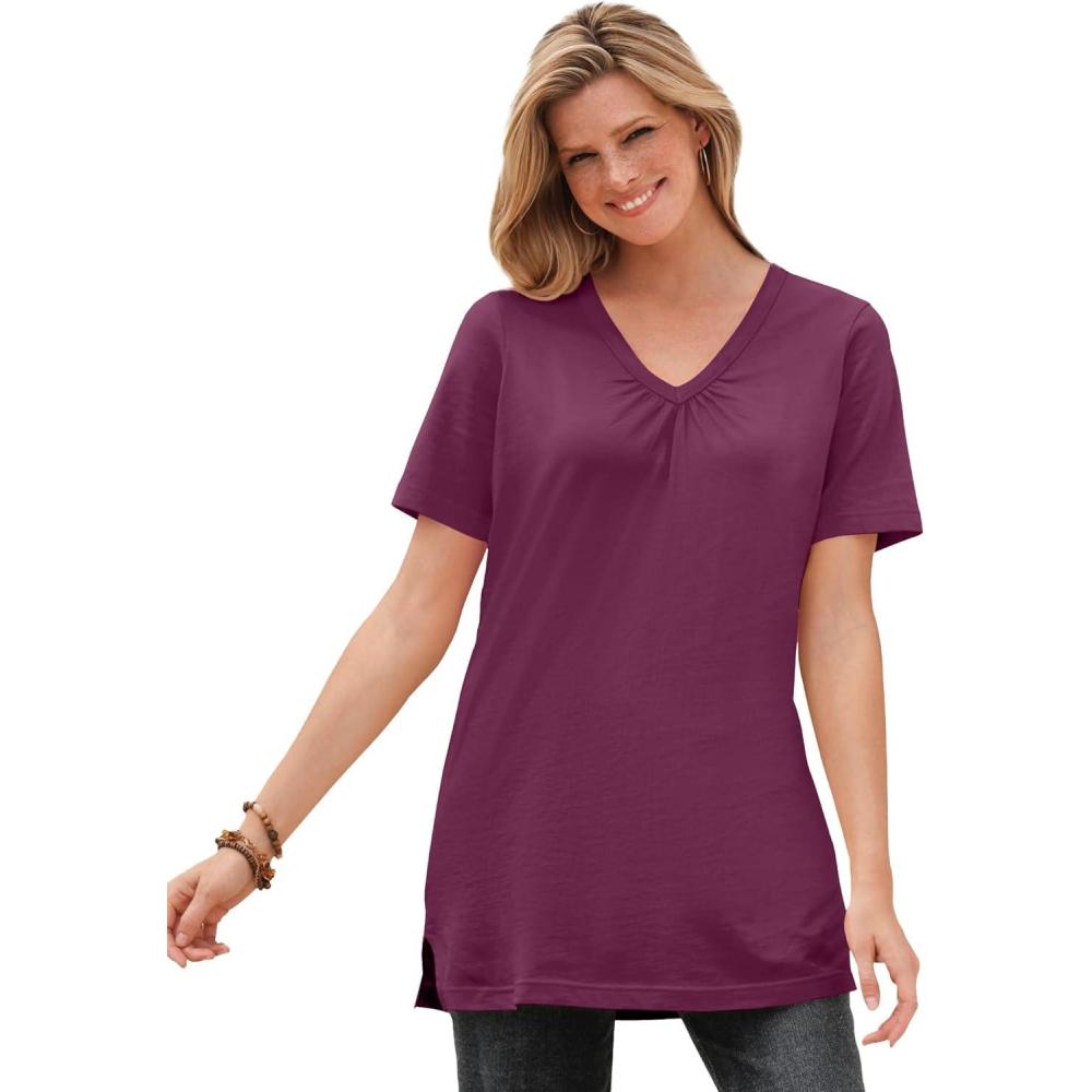 image:imageWoman Within Plus Size Perfect ShortSleeve Shirred VNeck TunicDeep Claret