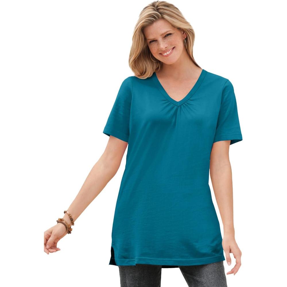 image:imageWoman Within Plus Size Perfect ShortSleeve Shirred VNeck TunicDeep Teal
