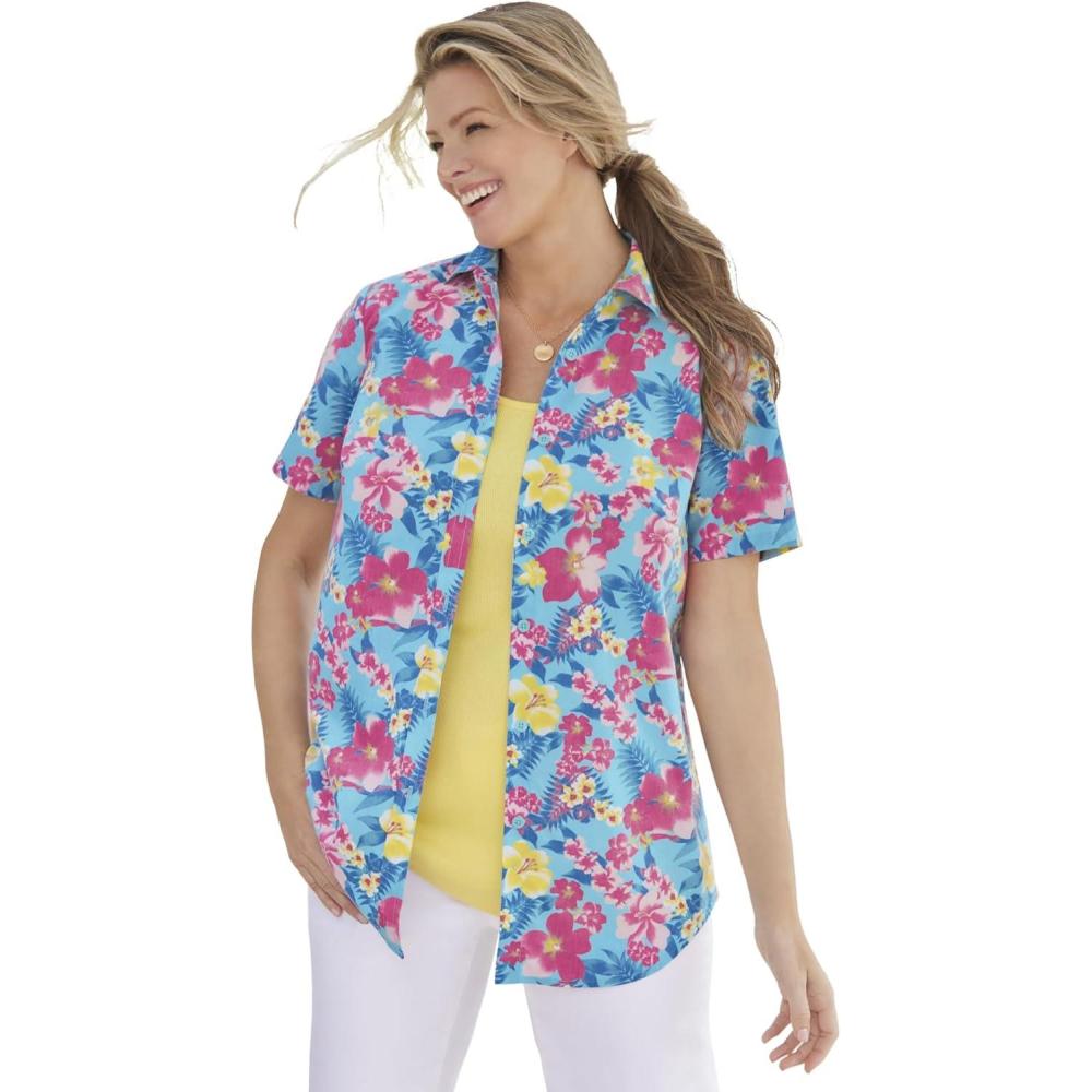 image:imageWoman Within Plus Size Petite Perfect ShortSleeve Collared Button Down ShirtAzure Watercolor Flower