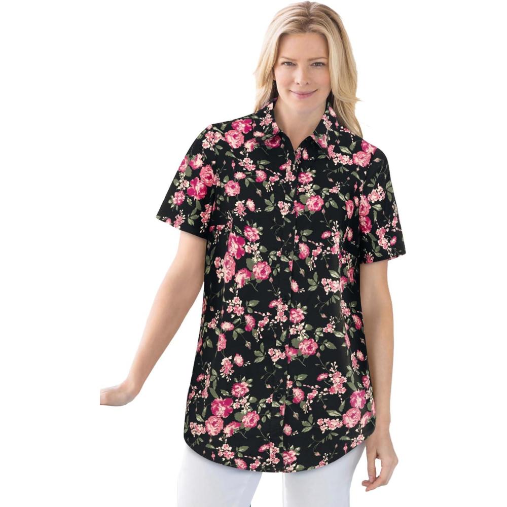 image:imageWoman Within Plus Size Petite Perfect ShortSleeve Collared Button Down ShirtBlack Floral