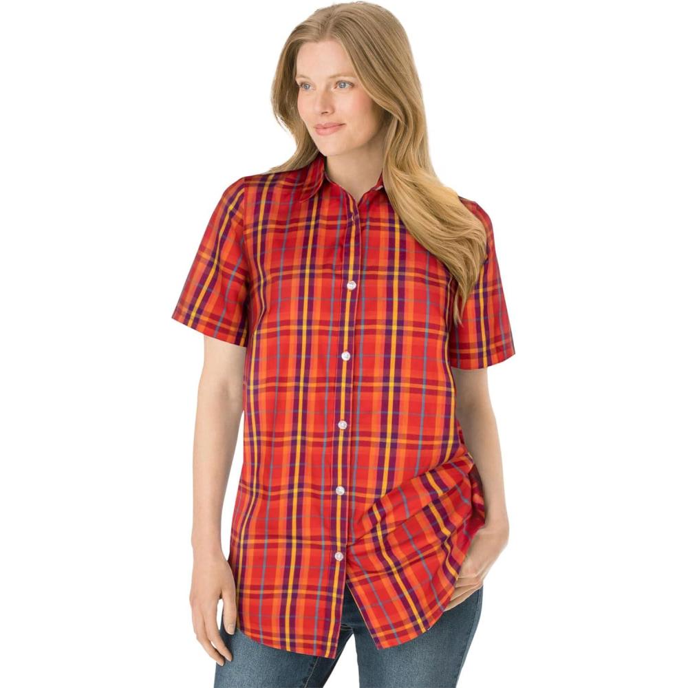 image:imageWoman Within Plus Size Petite Perfect ShortSleeve Collared Button Down ShirtClassic Red Multi Plaid