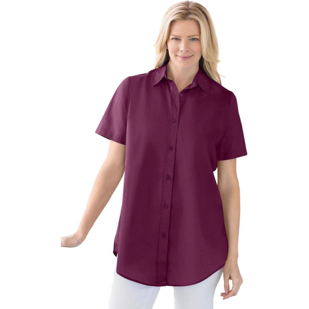 image:imageWoman Within Plus Size Petite Perfect ShortSleeve Collared Button Down ShirtDeep Claret