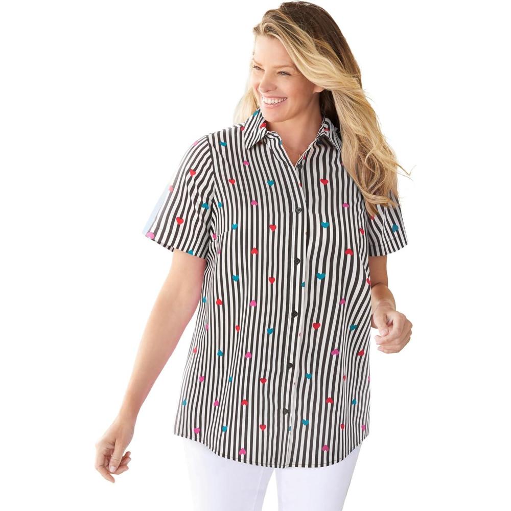 image:imageWoman Within Plus Size Petite Perfect ShortSleeve Collared Button Down ShirtHeart Stripe Black Multi