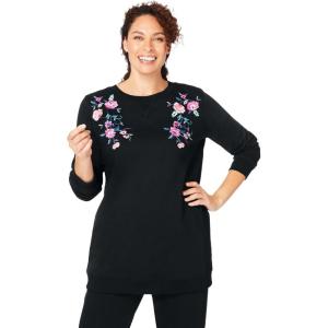 Woman Within Crewneck Fleece Sweatshirt(Black Floral Vine Embroidery)