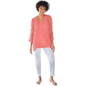 Woman Within Plus Size Crochet Curved-Hem Cardigan Sweater(Sweet Coral)
