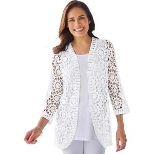 Woman Within Plus Size Crochet Curved-Hem Cardigan Sweater(White)
