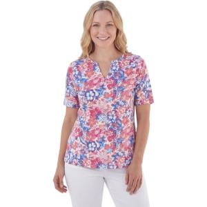 Woman Within Plus Size Notch-Neck Pocket Tee(White Multi Stamp)
