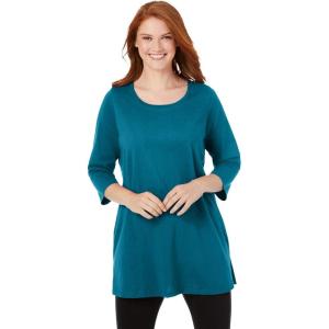 Woman Within Plus Size Perfect Three-Quarter-Sleeve Scoopneck Tunic(Deep Teal)