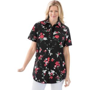 Woman Within Plus Size Petite Perfect Short-Sleeve Collared Button Down Shirt(Black Multi Floral)