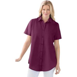 Woman Within Plus Size Petite Perfect Short-Sleeve Collared Button Down Shirt(Deep Claret)