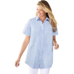 Woman Within Plus Size Petite Perfect Short-Sleeve Collared Button Down Shirt(French Blue Stripe)