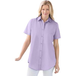 Woman Within Plus Size Petite Perfect Short-Sleeve Collared Button Down Shirt(Pale Lilac)