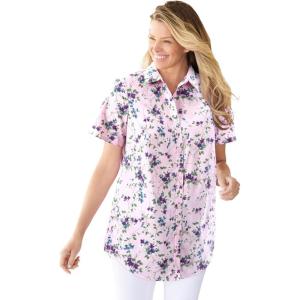 Woman Within Plus Size Petite Perfect Short-Sleeve Collared Button Down Shirt(Pink Pretty Bloom)