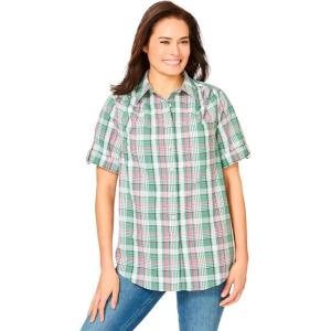Woman Within Plus Size Short-Sleeve Button-Down Cotton Seersucker Shirt(Pine Plaid)