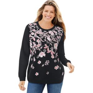 Woman Within Printed Sweatshirt(Black Pink Floral Placement)