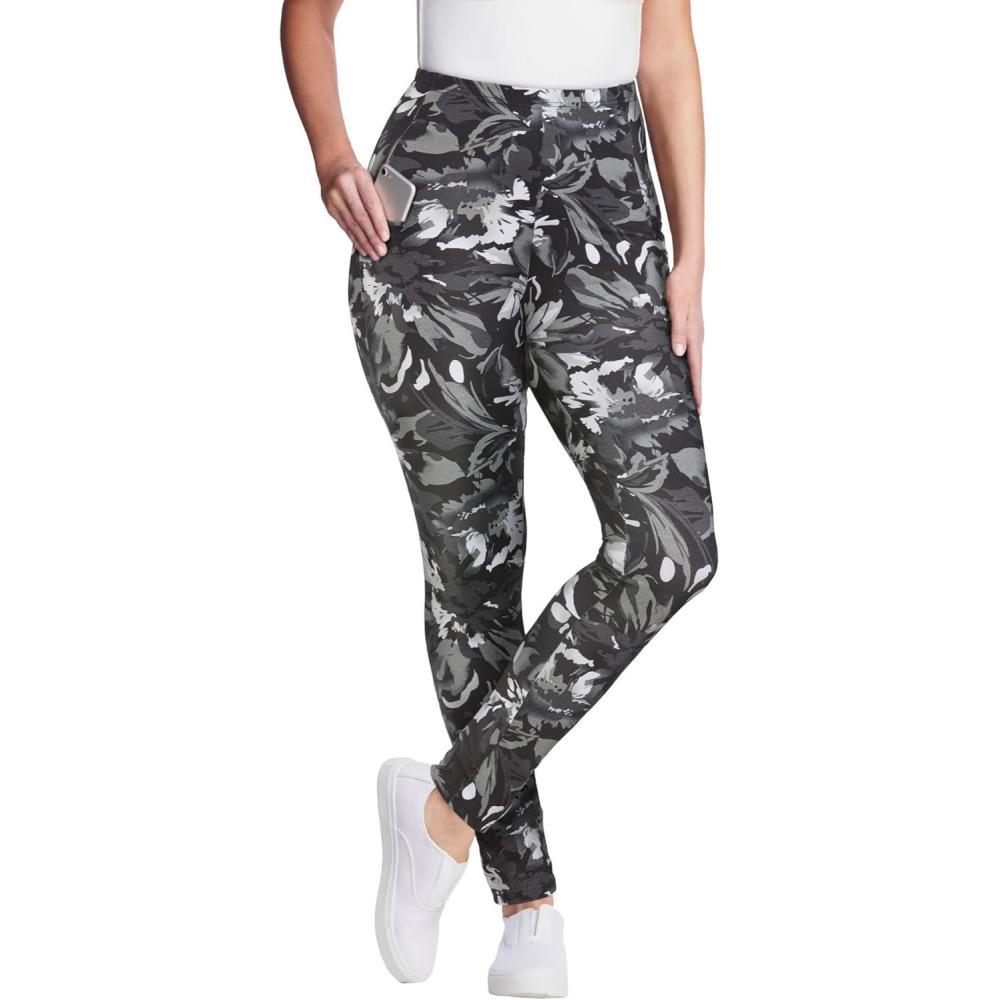 image:imageWoman Within Plus Size StretchCotton Knit PullOn Printed Pocket LeggingsBlack Splash Floral