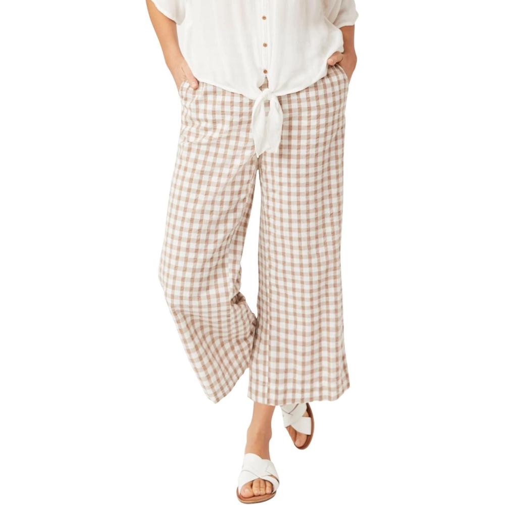 image:imageellos Plus Size 100 Cotton Wide Leg Gingham Seersucker Back Elastic Waist Crop PantsBrown Sugar Ivory Gingham