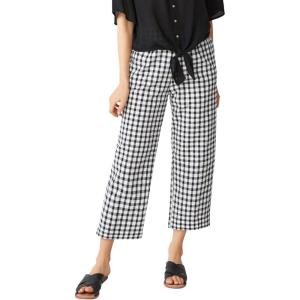 ellos Plus Size 100% Cotton Wide Leg Gingham Seersucker Back Elastic Waist Crop Pants(Black White Gingham)