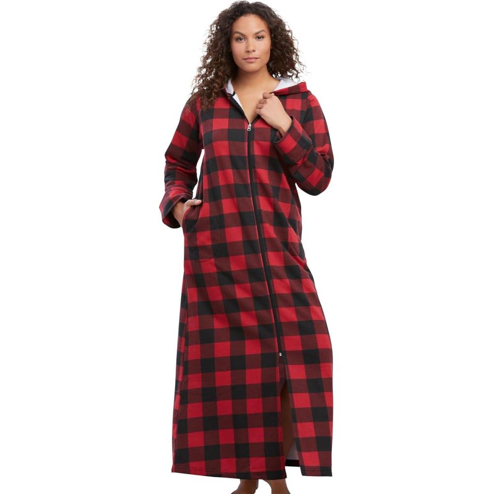 image:imageDreams amp Co Plus Size Long Hooded Fleece Sweatshirt RobeRed Buffalo Plaid