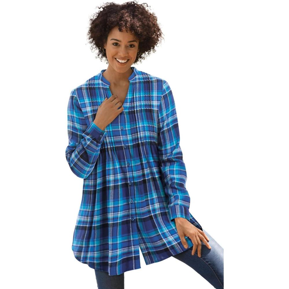 image:imageWoman Within Pintucked Flannel ShirtBright Cobalt Plaid