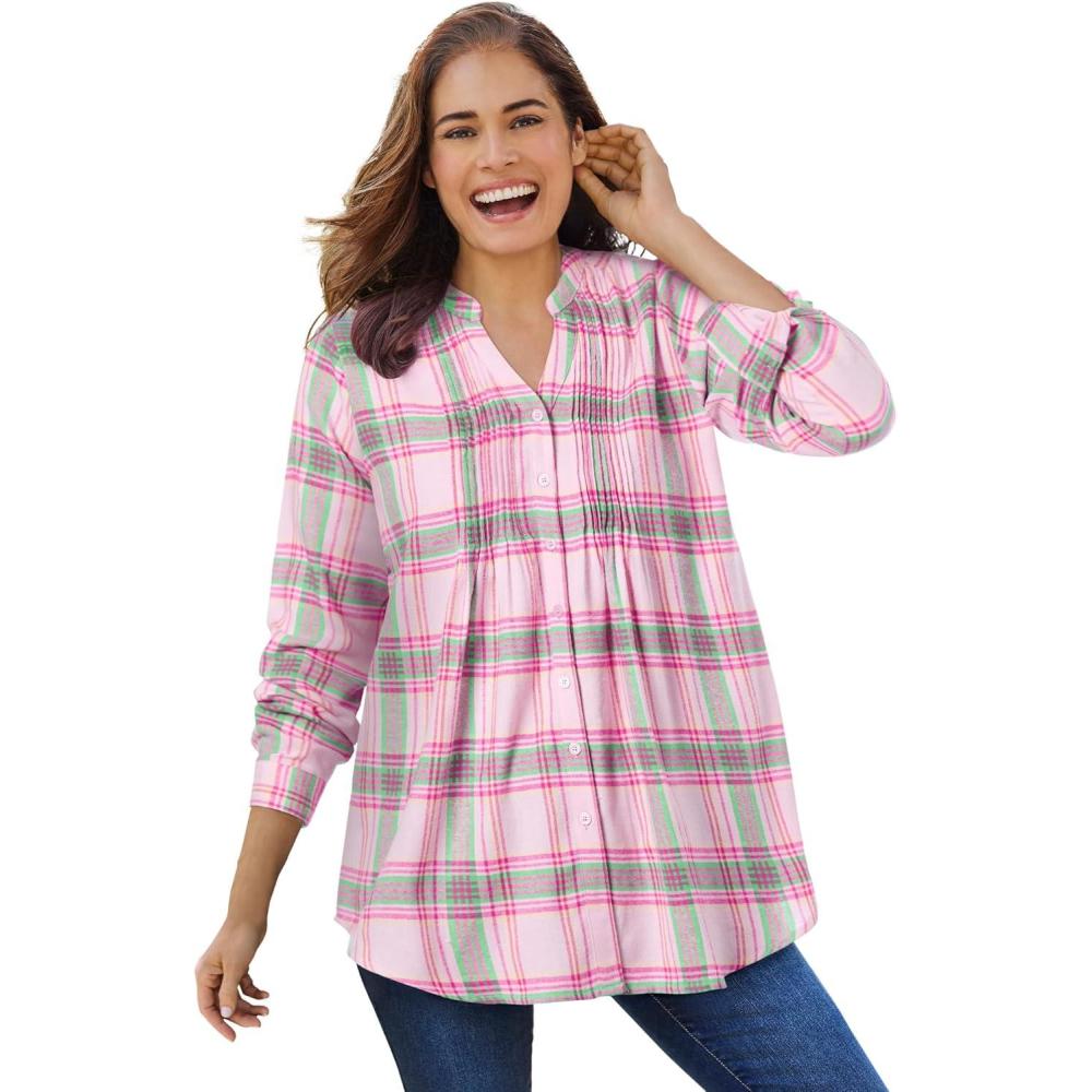image:imageWoman Within Pintucked Flannel ShirtPink Green Plaid