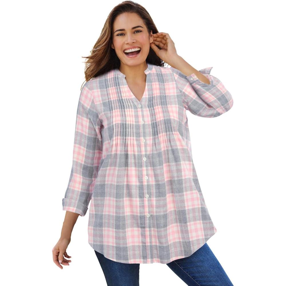 image:imageWoman Within Pintucked Flannel ShirtPink Sorbet Plaid