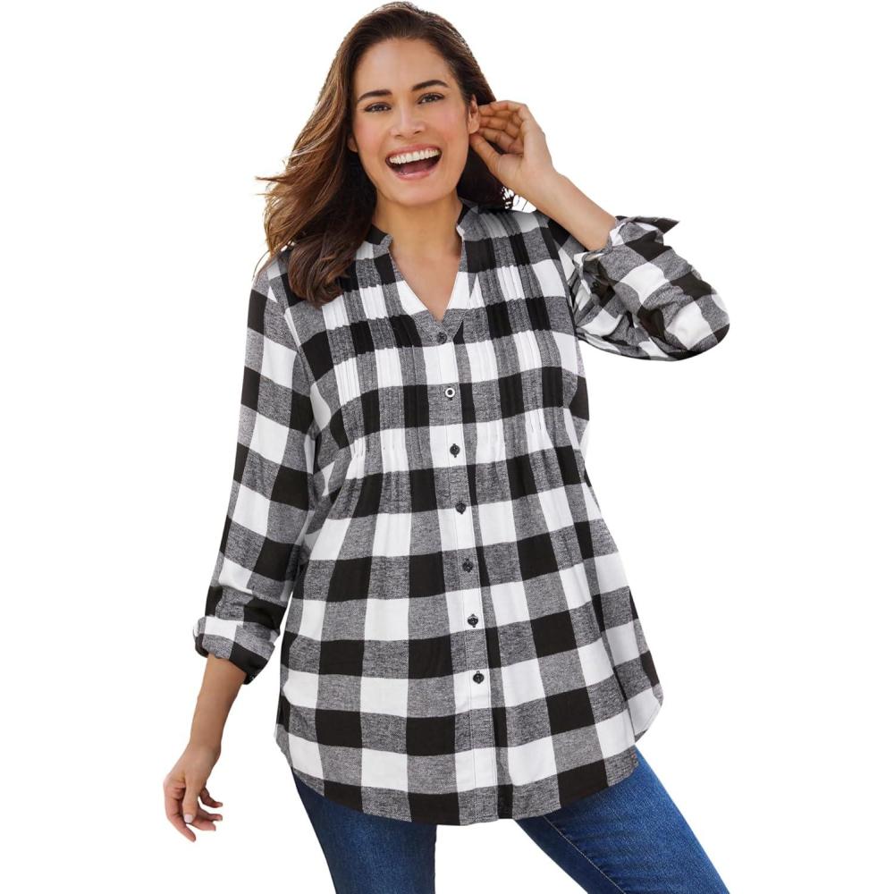 image:imageWoman Within Pintucked Flannel ShirtWhite Buffalo Plaid