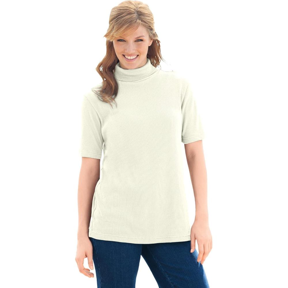 image:imageWoman Within Plus Size Ribbed Short Sleeve TurtleneckIvory