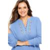 Woman Within Plus Size Embroidered Thermal Henley Tee(Emerald Green Vine Embroidery)