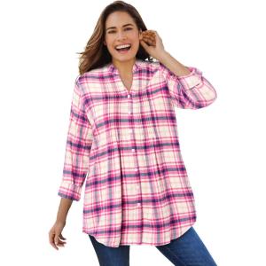 Woman Within Pintucked Flannel Shirt(Peony Petal Plaid)