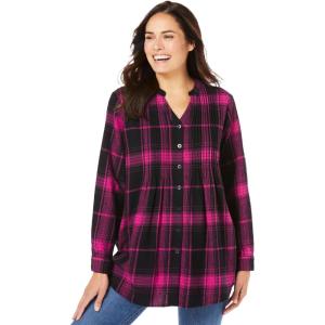 Woman Within Pintucked Flannel Shirt(Pink Black Plaid)