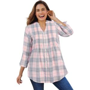 Woman Within Pintucked Flannel Shirt(Pink Sorbet Plaid)