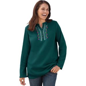 Woman Within Plus Size Embroidered Thermal Henley Tee(Emerald Green Vine Embroidery)
