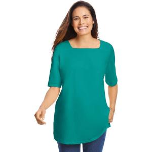 Woman Within Plus Size Perfect Elbow-Sleeve Square-Neck Tee(Waterfall)