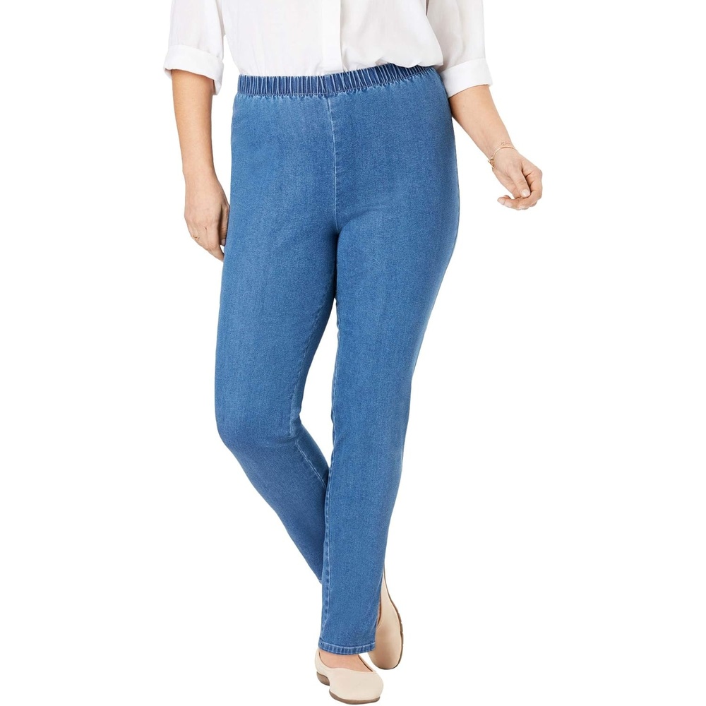 image:imageWoman Within Plus Size Fineline Stretch Denim Skinny PullOn Jeans  38 W Light Stonewash