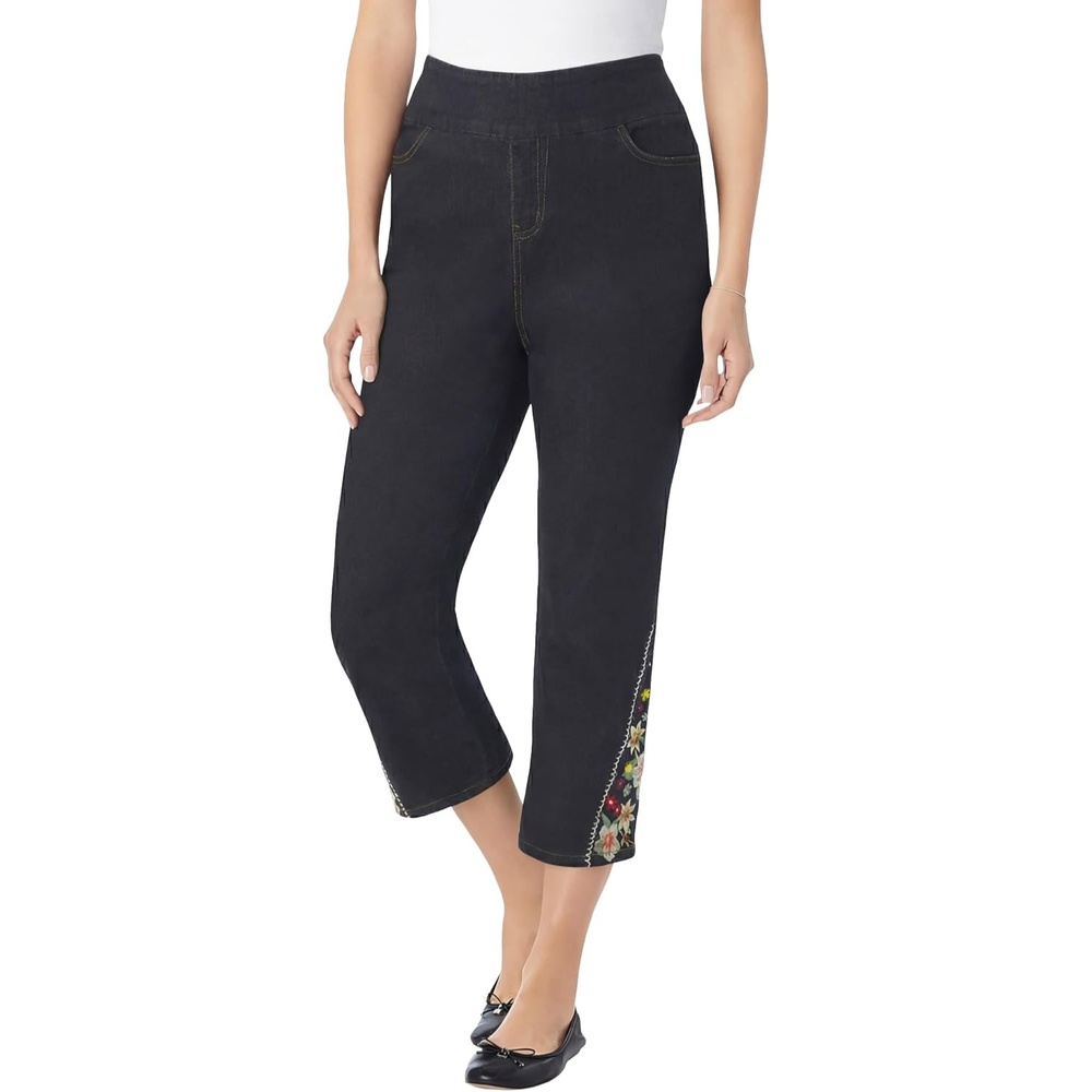image:imageWoman Within Plus Size PullOn Flex ElasticWaist Stretch Denim Capri JeansIndigo Floral