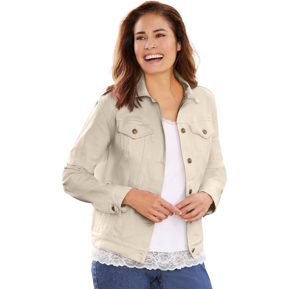 image:imageWoman Within Plus Size Stretch Denim Jacket Cropped Jean JacketNatural Khaki